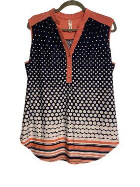 Per Seption Concept Women's XL Blouse Coral Navy Polka Dot Stripe Sleeveless